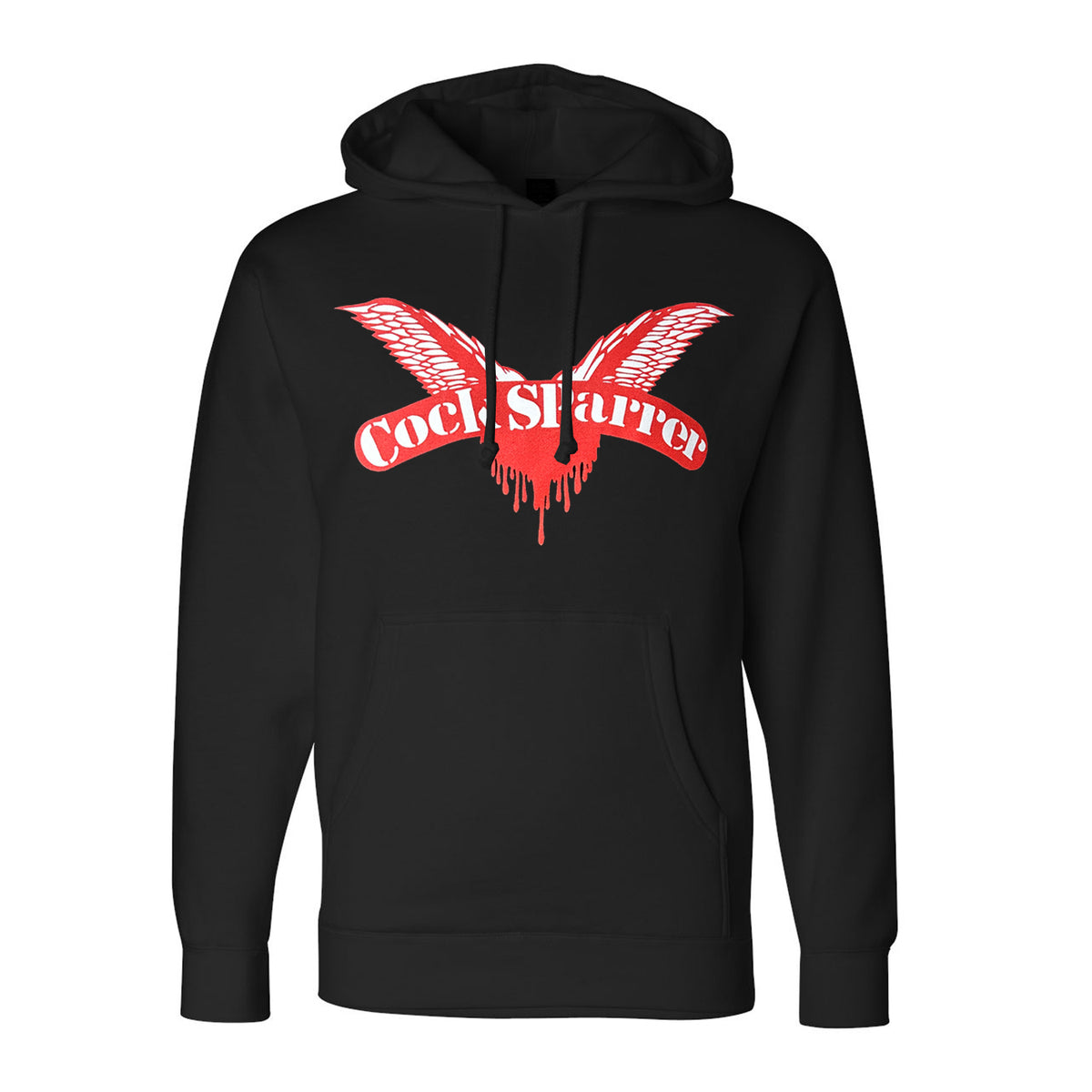 Cock Sparrer hoodie featuring a bold wings logo with dripping red paint on the front. This Gildan Heavy Blend sweatshirt includes a front pocket and drawstring hood for comfort and style.