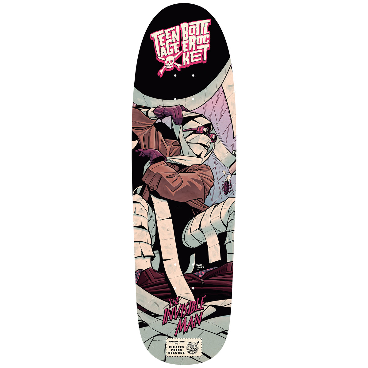 Teenage Bottlerocket skate deck with comic art of the Invisible Man in bandages, trench coat, and purple gloves on a dark background. Features text: "Teenage Bottlerocket" and "The Invisible Man.