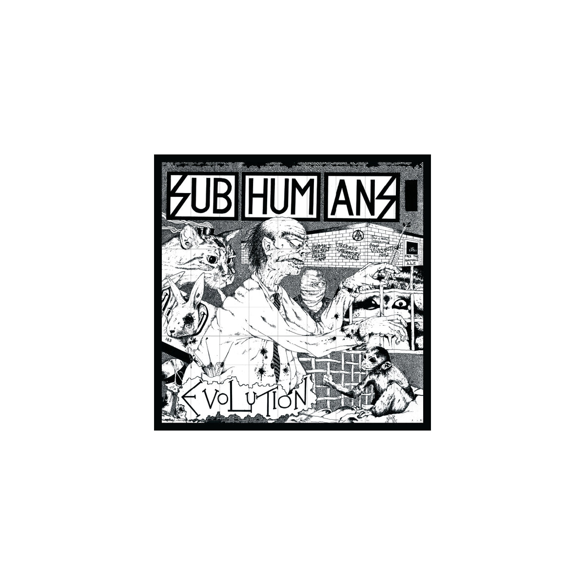 Black and white Subhumans Evolution album cover shows a scientist in a lab with caged, mutated animals. The band name Subhumans is displayed at the top in bold block letters—ideal for vinyl stickers or your collection display.