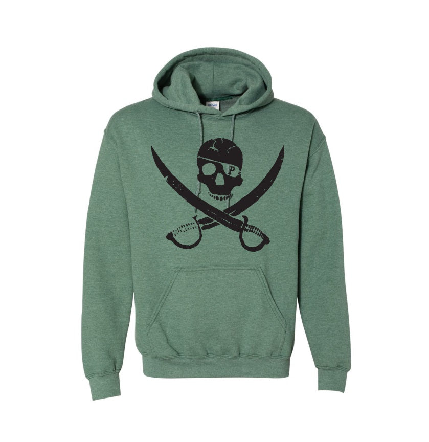 A bold green pullover hoodie from Pirates Press Records features a black skull above crossed swords pirate logo printed on the front.