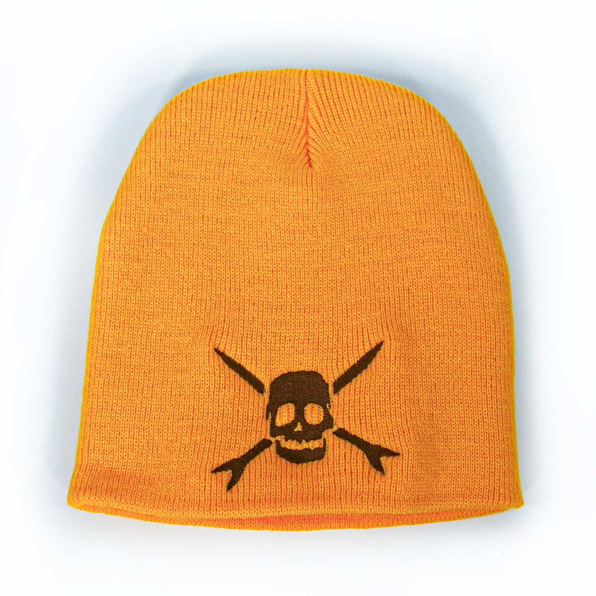 An orange knit beanie from Teenage Bottlerocket featuring their black logo: a skull with cross-arrows instead of crossbones.