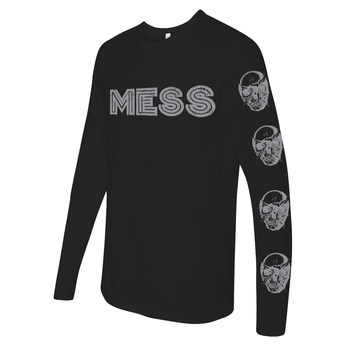 Black long-sleeve Mess shirt (Next Level 3600) with “MESS” in bold outlined letters on the chest and three stacked illustrated skulls on one sleeve.
