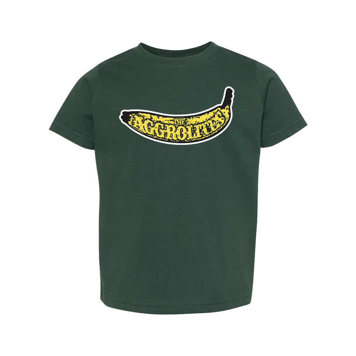 A Forest Green The Aggrolites Rabbit Skins Toddler T-shirt with a large yellow banana graphic on the chest featuring REGGAEOTICS in stylized black text inside the banana.