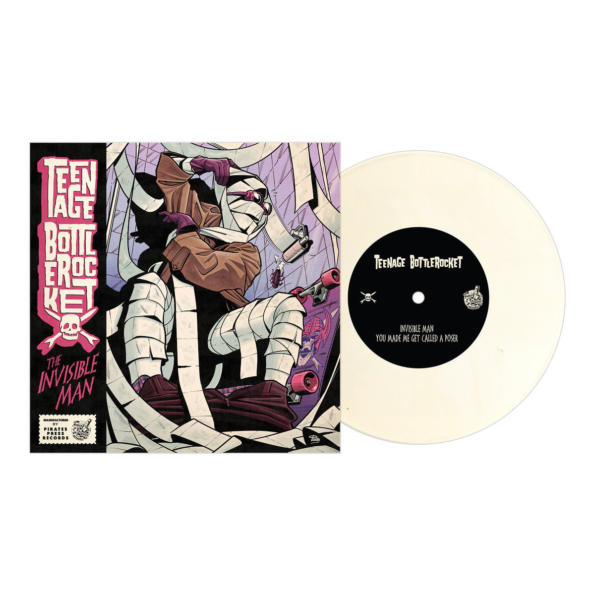 A 7" vinyl record of Teenage Bottlerocket’s The Invisible Man EP, featuring cover art with a mummy skateboarder on a ramp in vibrant purple and beige.