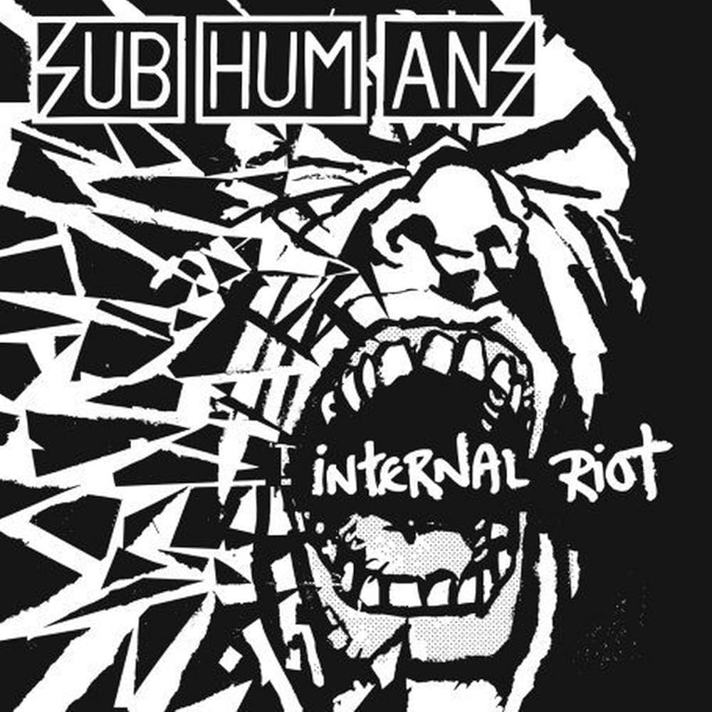 Black and white album cover for Internal Riot by Subhumans, featuring a stylized screaming face with jagged lines and bold, fragmented text.