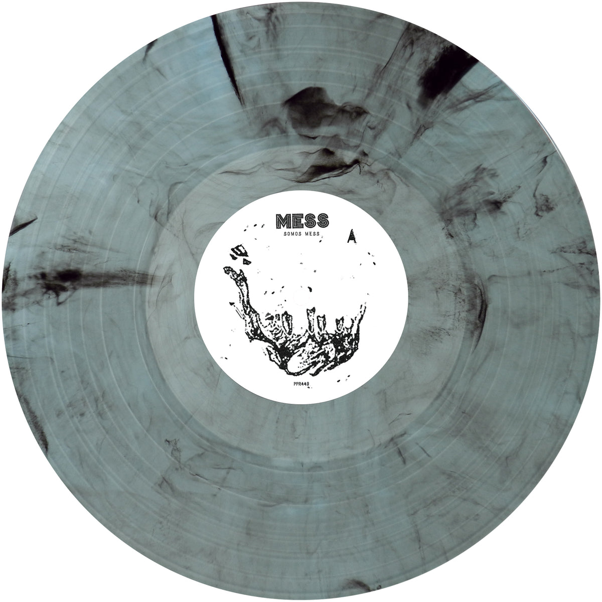 A marble-patterned Mess vinyl with black and gray swirls features a white center label showing an abstract black falling figure and the text “MESS” and “GONE WEIR.”.
