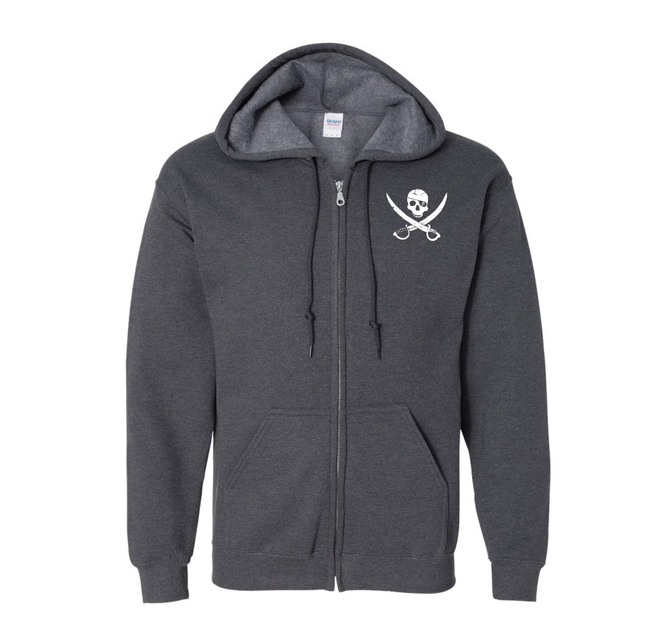 A dark gray zip-up hoodie from Pirates Press Records, featuring a hood, front pockets, and a white skull and crossed swords logo on the left chest—ideal for Pirate fans.