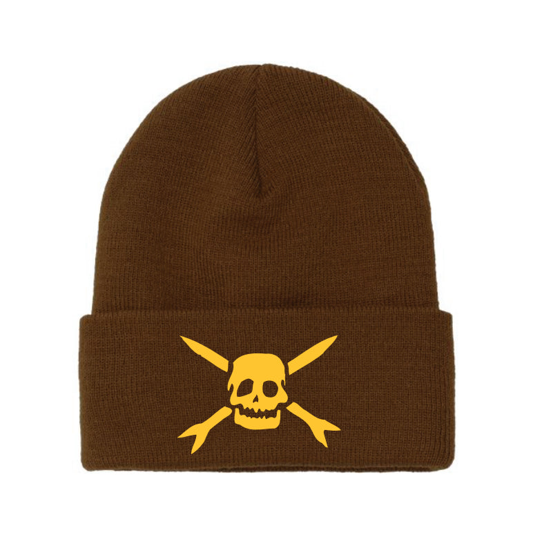 A brown beanie with a gold skull and crossbones logo on the front cuff, perfect for Teenage Bottlerocket fans.
