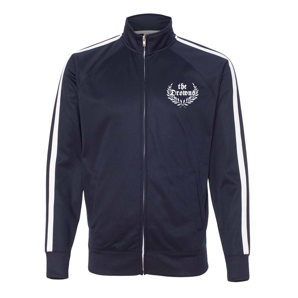 A navy zip-up track jacket from The Drowns with white sleeve stripes, full front zipper, and an embroidered white Drowns Laurel logo with “the crowns” on the left chest.