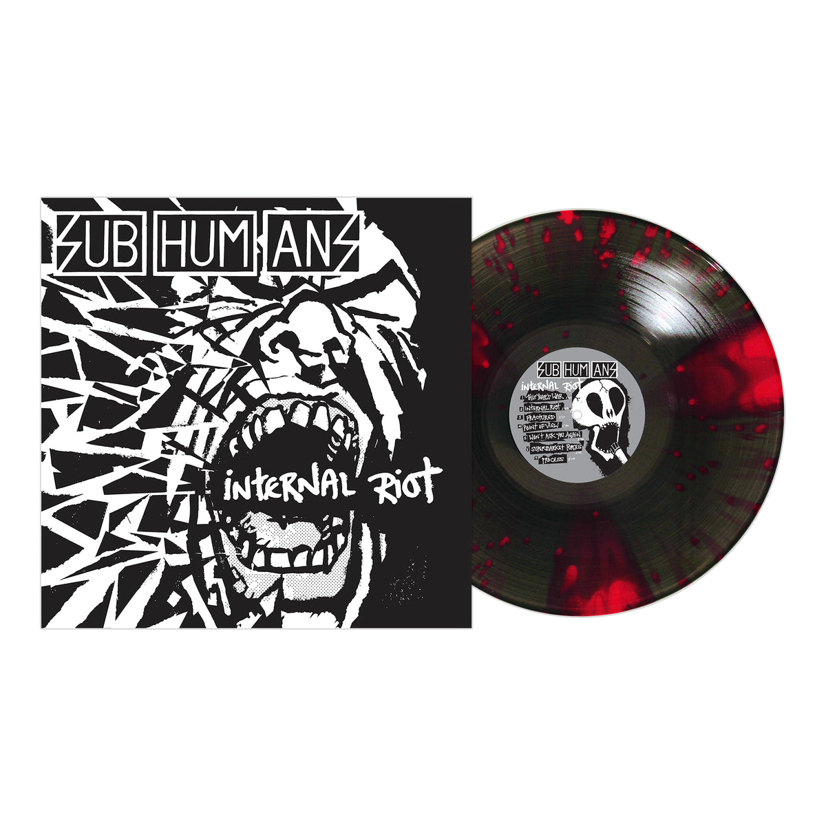The image displays the Subhumans Internal Riot album cover and Vinyl LP—a roaring mouth breaks through black and white art, while the black vinyl features bold red splatter patterns.