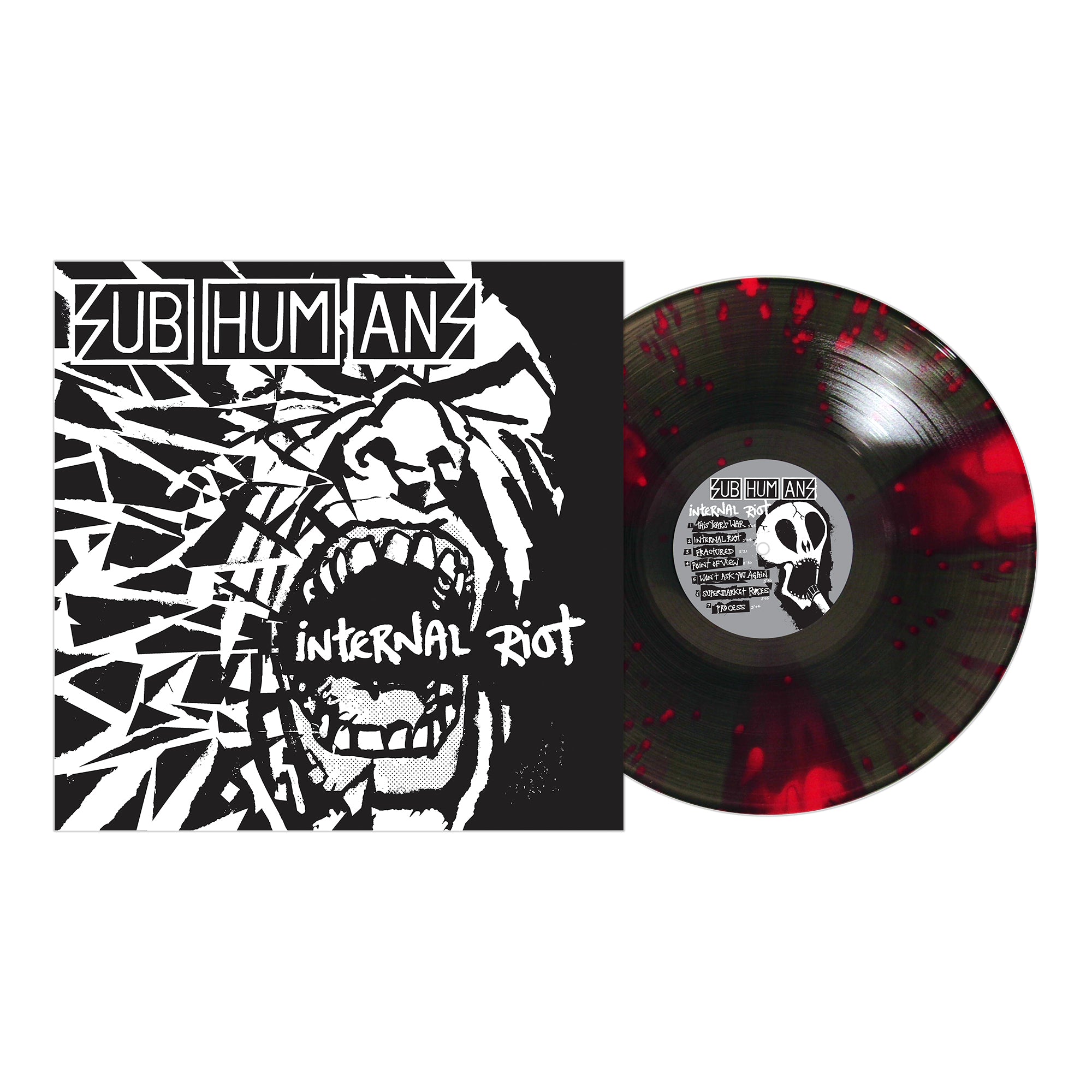 The image displays the Subhumans Internal Riot album cover and Vinyl LP—a roaring mouth breaks through black and white art, while the black vinyl features bold red splatter patterns.