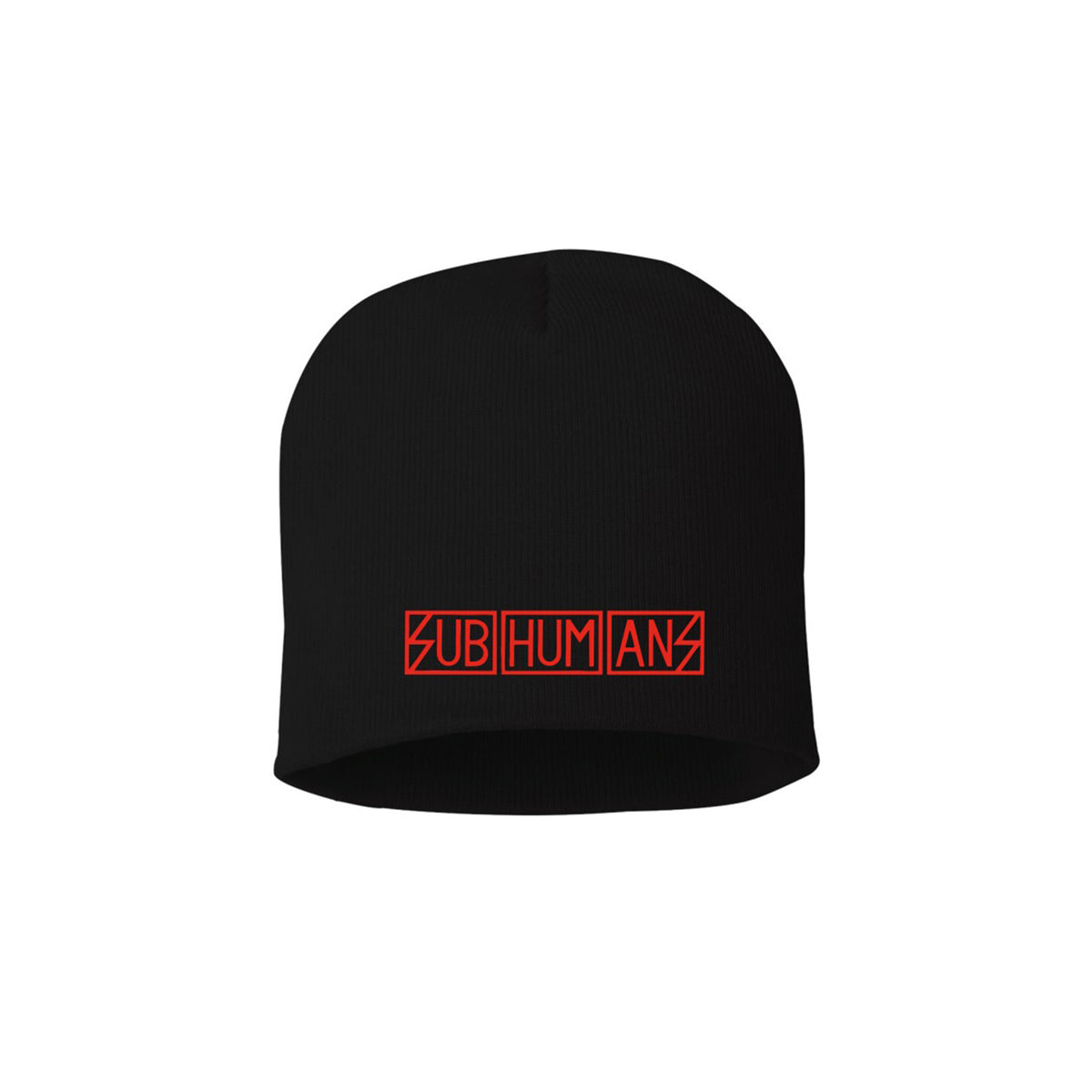 This Subhumans Black Beanie showcases a bold, punk-inspired SUBHUMANS text logo with red letters in squares on the front—a standout beanie for fans of iconic style.