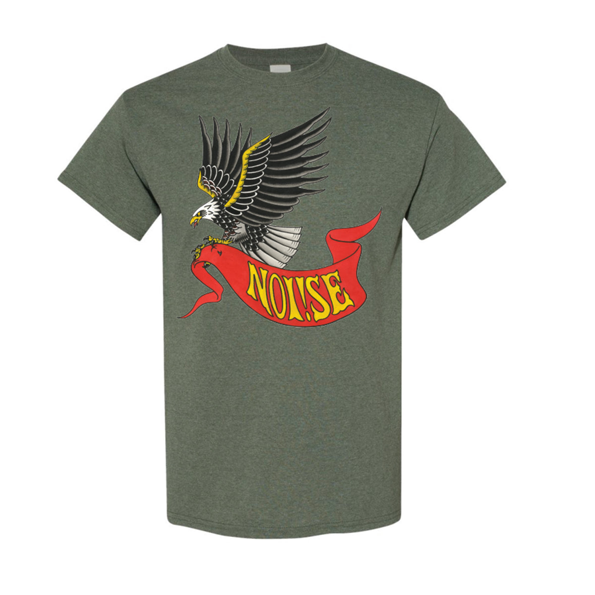 This NOi!SE Military Heather T-Shirt showcases an eagle in flight, gripping a red banner with &quot;NOi!SE&quot; in bright yellow.