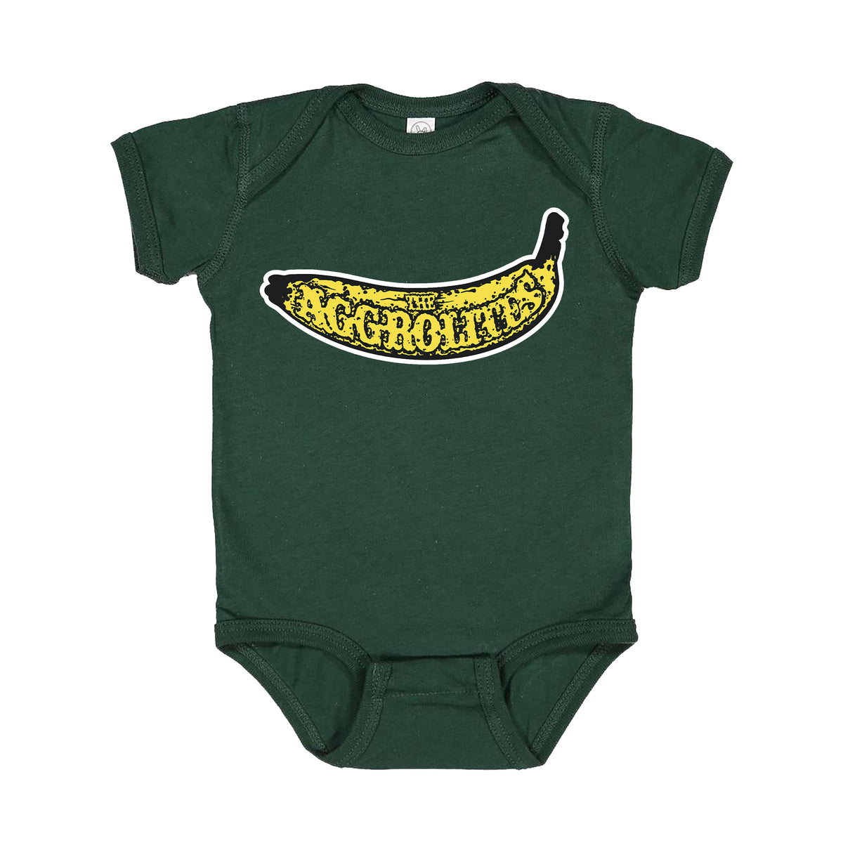The Aggrolites Forest Green Onesie features a bold banana logo with “THE AGGRO-KIDZ” printed inside the graphic, inspired by the band’s signature style on the front.