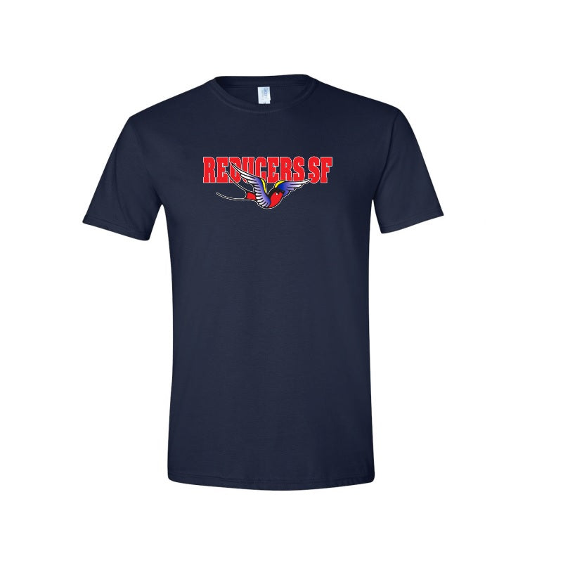 Navy blue Reducers S.F t-shirt (Gildan 64000 Softstyle) with “REDUCERS SF” in bold red letters above an illustrated bird with outstretched wings, centered on the chest.