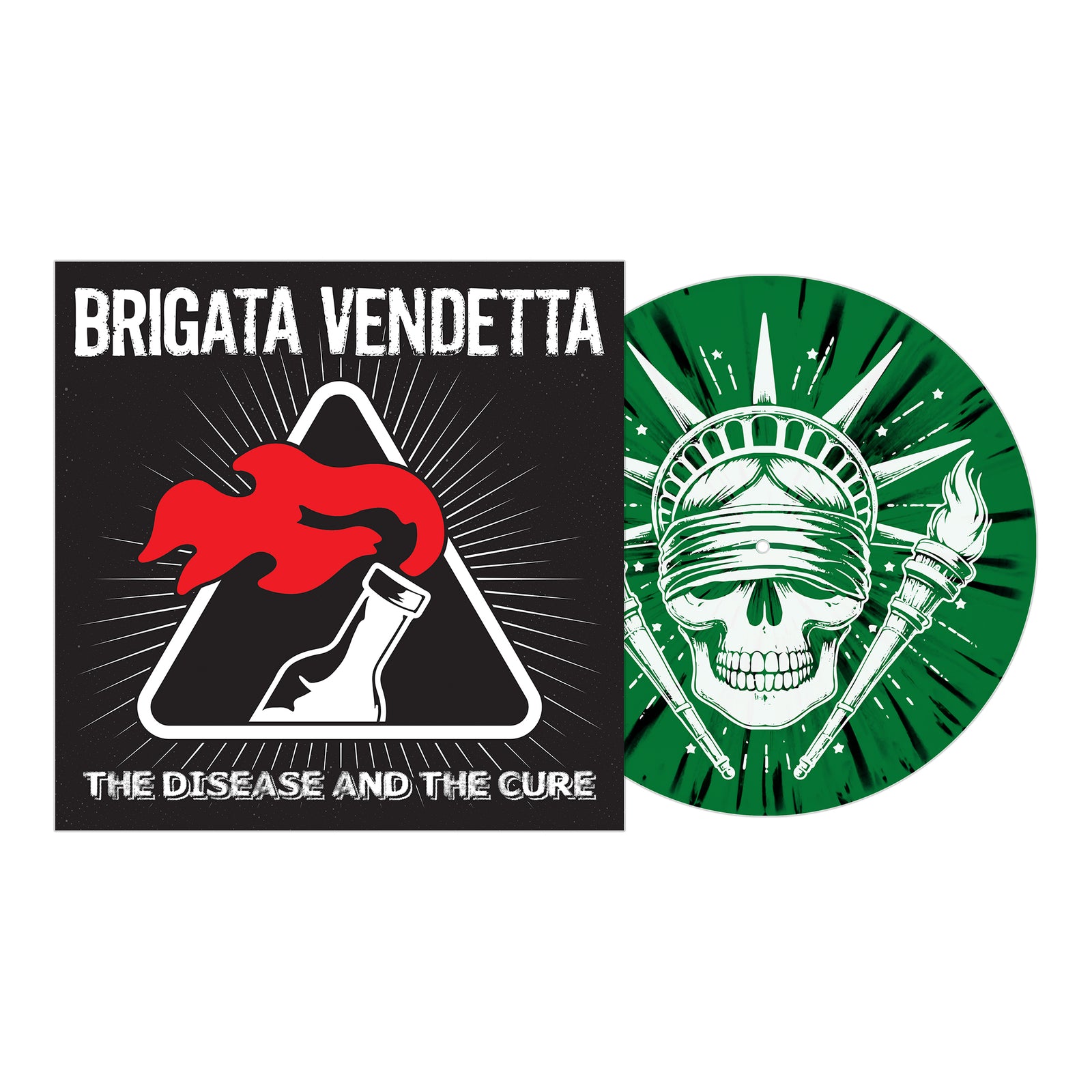 Album cover for Brigata Vendetta’s The Disease and the Cure shows a flaming Molotov cocktail and a green vinyl with a skull in a spiked crown holding two torches; Bay Area punk on Pirates Press Records.