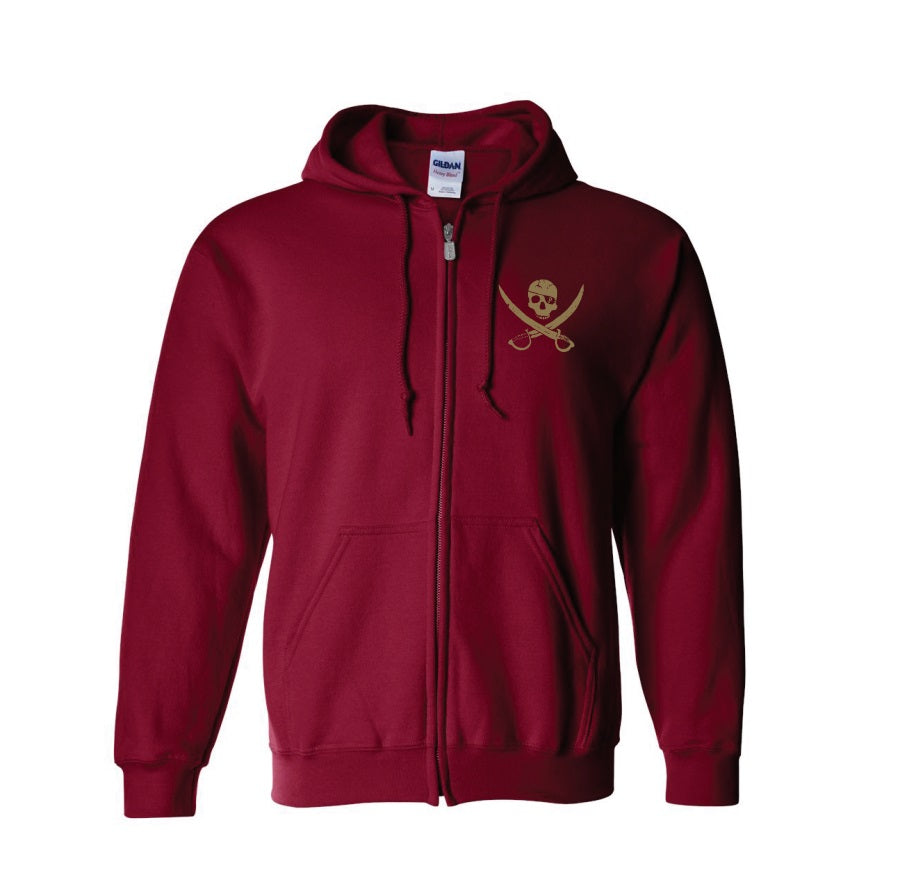 A maroon zip-up hoodie by Pirates Press Records, featuring a hood, drawstrings, and a small gold pirate skull and crossed swords logo on the left chest.