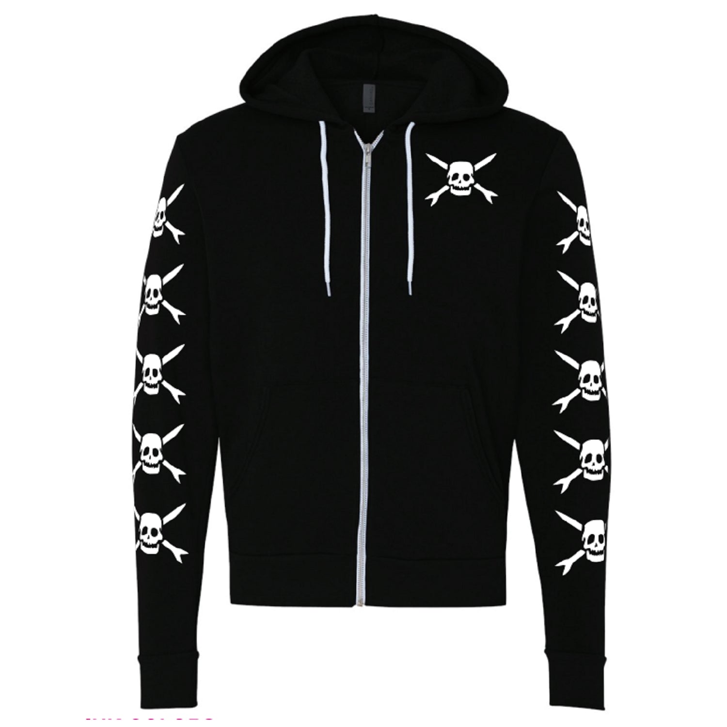 A black Teenage Bottlerocket zip-up hoodie with white drawstrings, featuring white skull and crossbones graphics on each sleeve and the left chest—ideal for fans of the band.