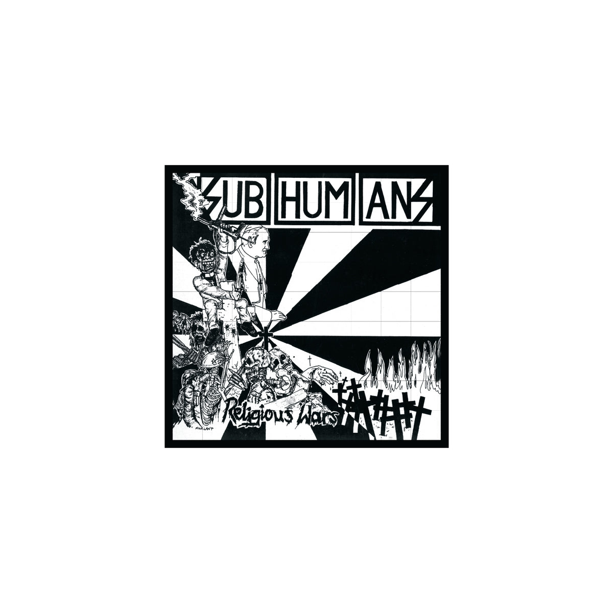 Black and white Subhumans Religious Wars vinyl sticker features a collage of figures, flames, and rays, with bold block text showing the band name above and album title below.