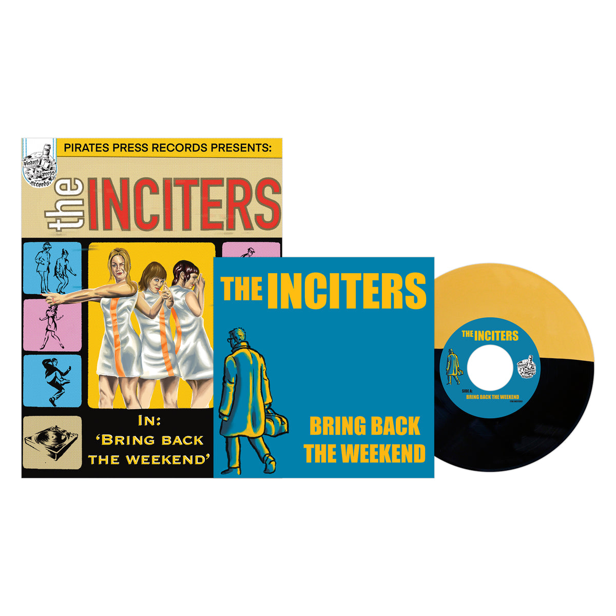 Three items: a vinyl album by The Inciters with a cover of three women, colorful panels, and a detective in comic style; a square cover with bold text, both titled Bring Back the Weekend; plus a black-and-yellow Northern Soul vinyl record.