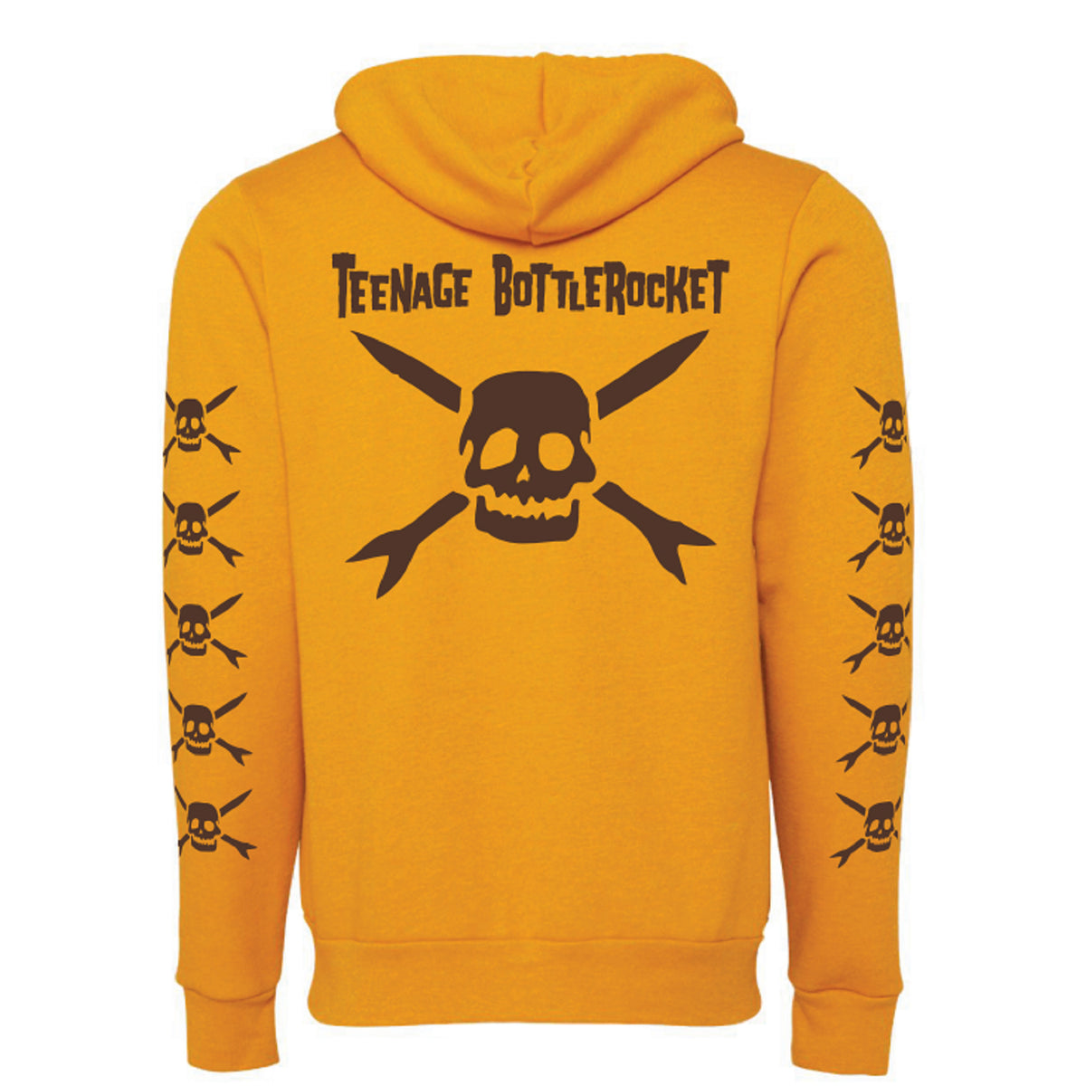 Teenage Bottlerocket gold zip-up hoodie with a large black skull and crossbones and band name on the back, plus smaller skull and crossbones down both sleeves.