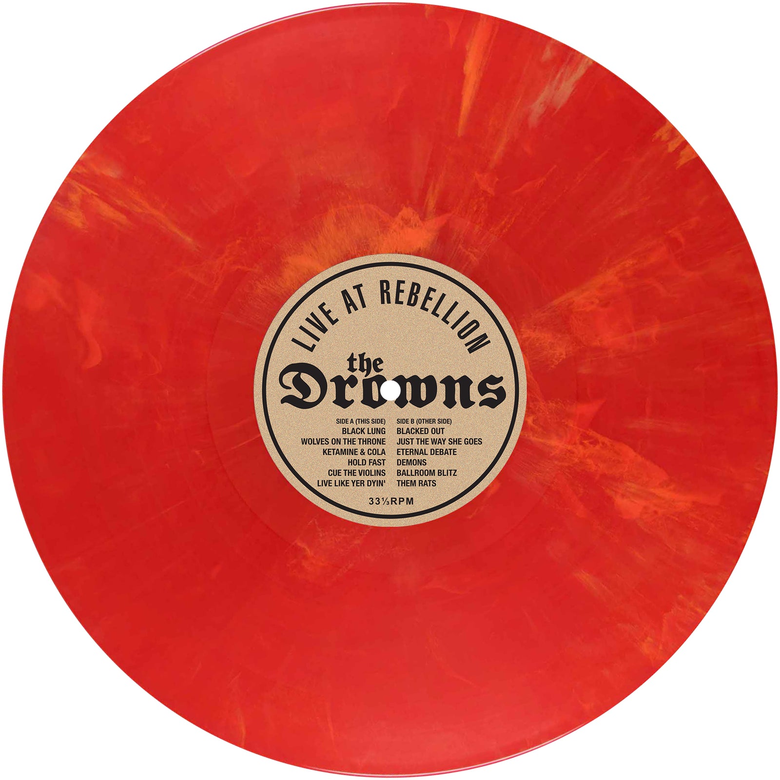 A red marbled vinyl by The Drowns with a beige label reads Live at Rebellion, featuring striking orange and translucent red swirls. This live album was captured at Rebellion Festival and lists song titles on the label.