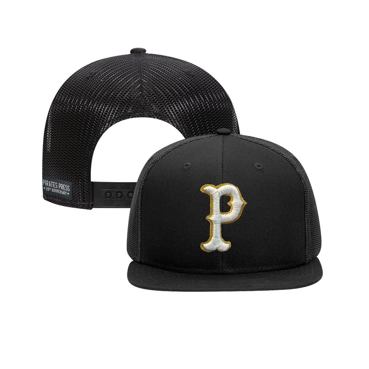 Black mesh Snapback Hat by Pirates Press Records shown from front and back, featuring a gold-outlined white P logo on the front panel, adjustable mesh strap at back, and subtle Pirates Press detailing for fans.