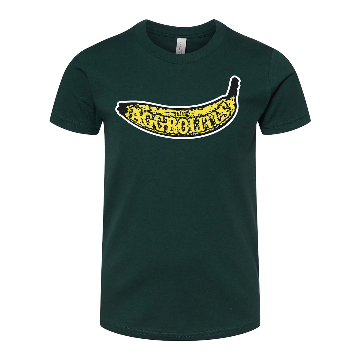 A dark green youth t-shirt by The Aggrolites, featuring a yellow Banana logo graphic and The Aggrobatics in textured lettering across the chest.