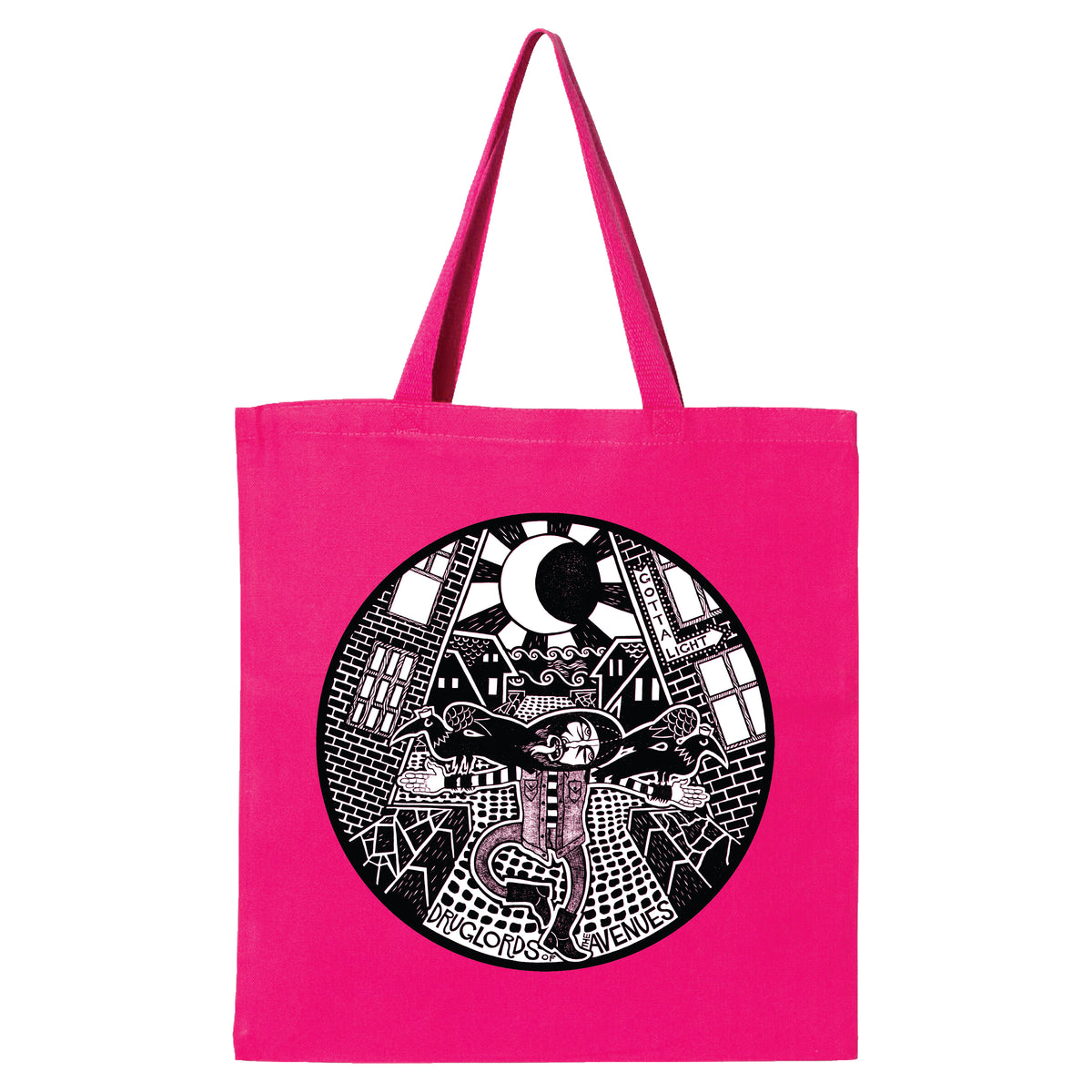 A bright pink tote bag by Druglords of The Avenues featuring a black and white circular graphic of a person with outstretched arms among buildings, a crescent moon, and the text "Druglords Of The Avenues", "DICK LORDS", and "CAVEMEN".