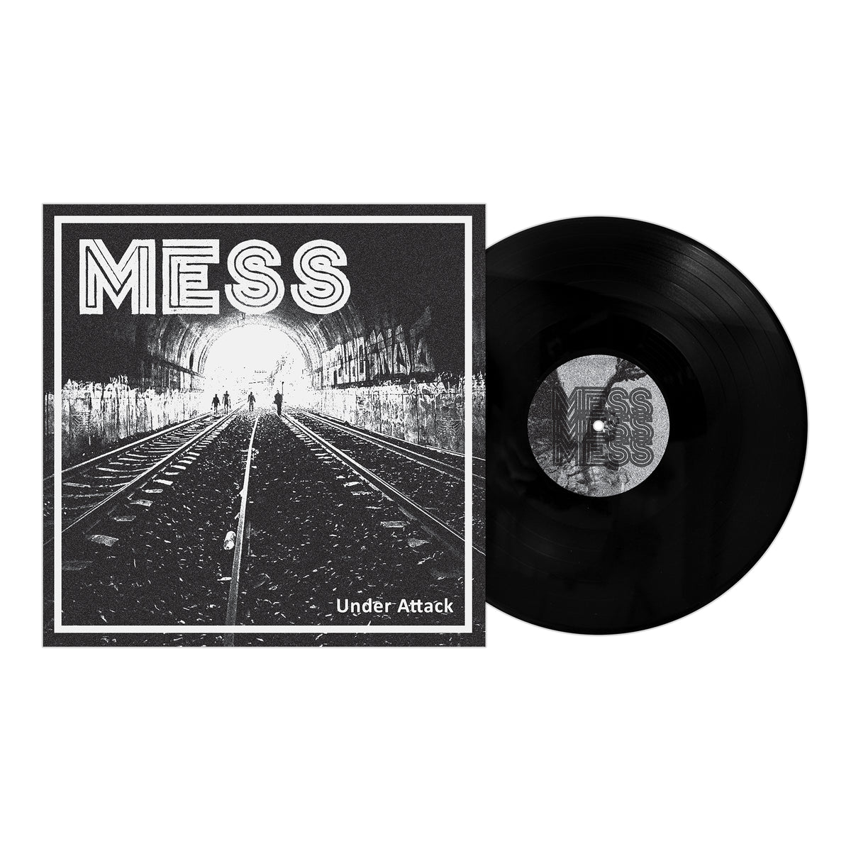 Black vinyl record from Mess, featuring cover art with railway tracks into a tunnel, silhouettes of people, and the text Mess and Under Attack LP. A notable streetpunk release.