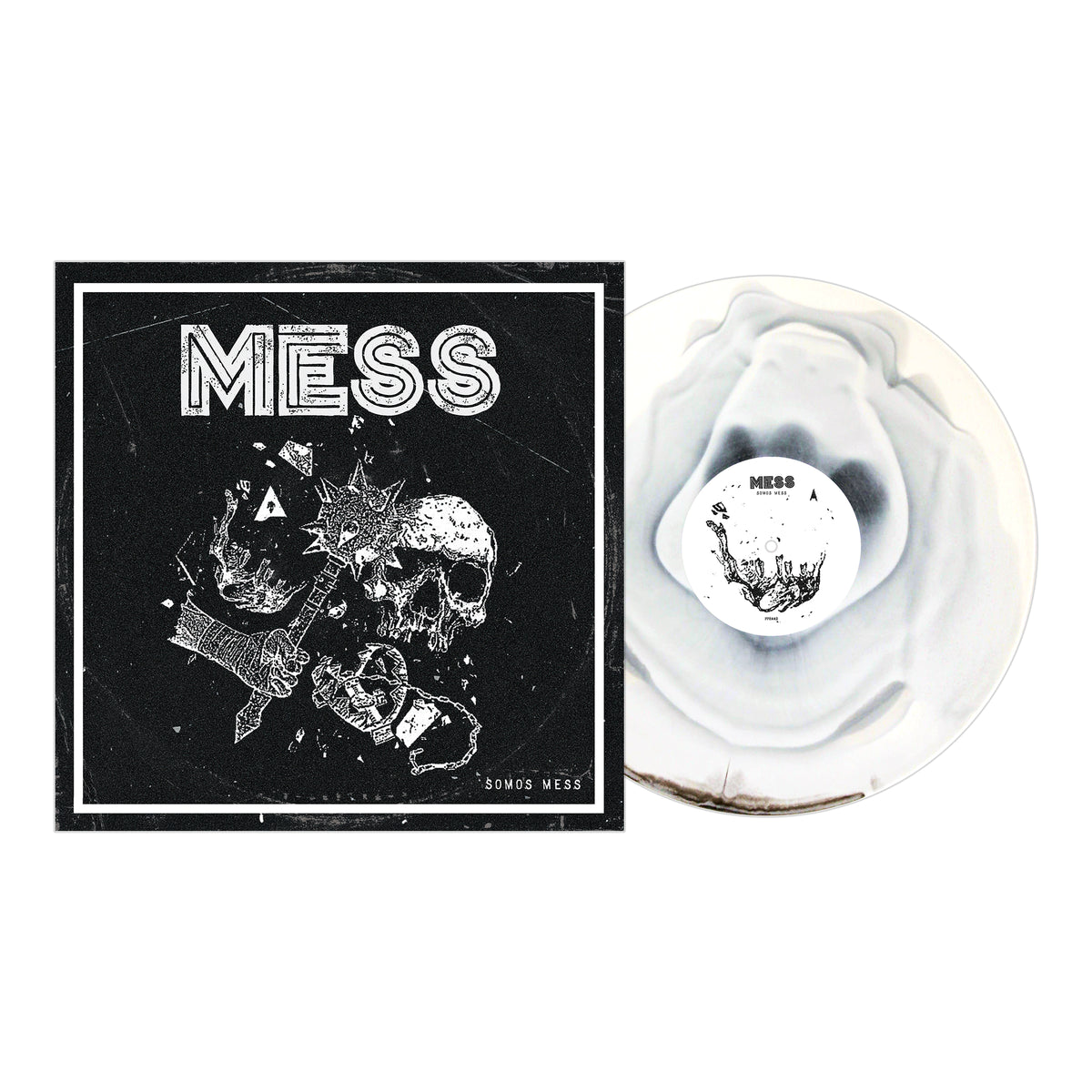 Square album cover and vinyl record for Mess, Guadalajara punk band. Black cover features white sketch art of a hand holding a spiked club, skull, bold “Mess” text. White vinyl with smoky effect. Released by Pirates Press Records.