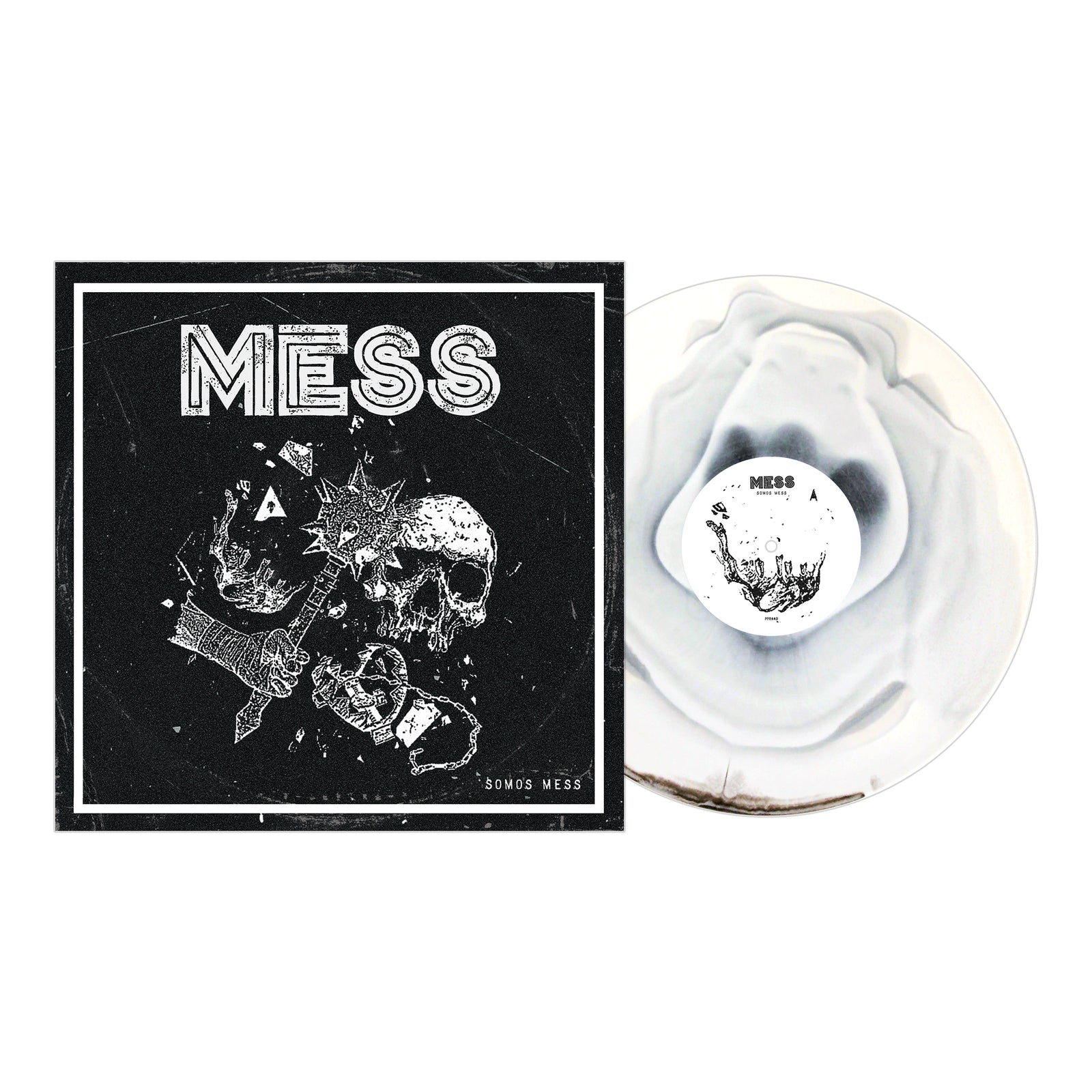 Square album cover and vinyl record for Mess, Guadalajara punk band. Black cover features white sketch art of a hand holding a spiked club, skull, bold “Mess” text. White vinyl with smoky effect. Released by Pirates Press Records.