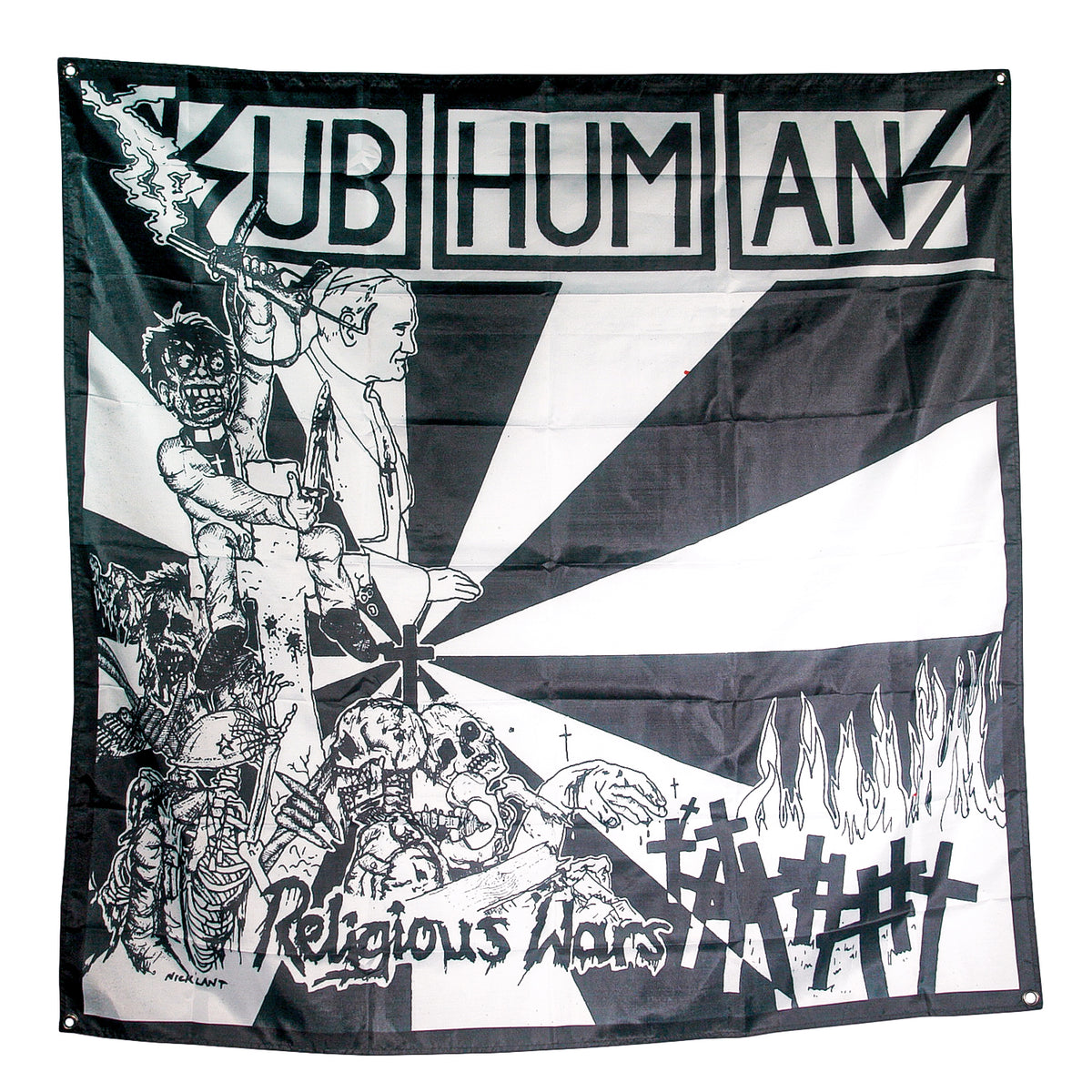 A black and white banner displays the Subhumans brand name at the top, chaotic punk-inspired art beneath, and “Religious Wars” graffitied at the bottom, creating a rebellious flag perfect for fans.