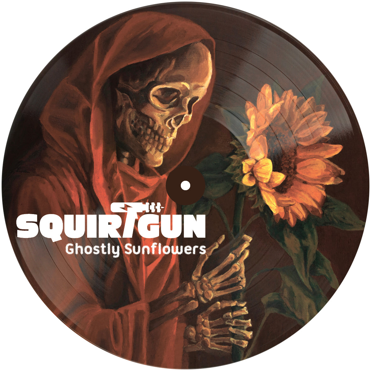 A skeleton in a red hooded robe holds a sunflower on a vinyl record, with bold white "Squirtgun" branding across the lower left—delivering pop-punk vibes with an eerie twist.