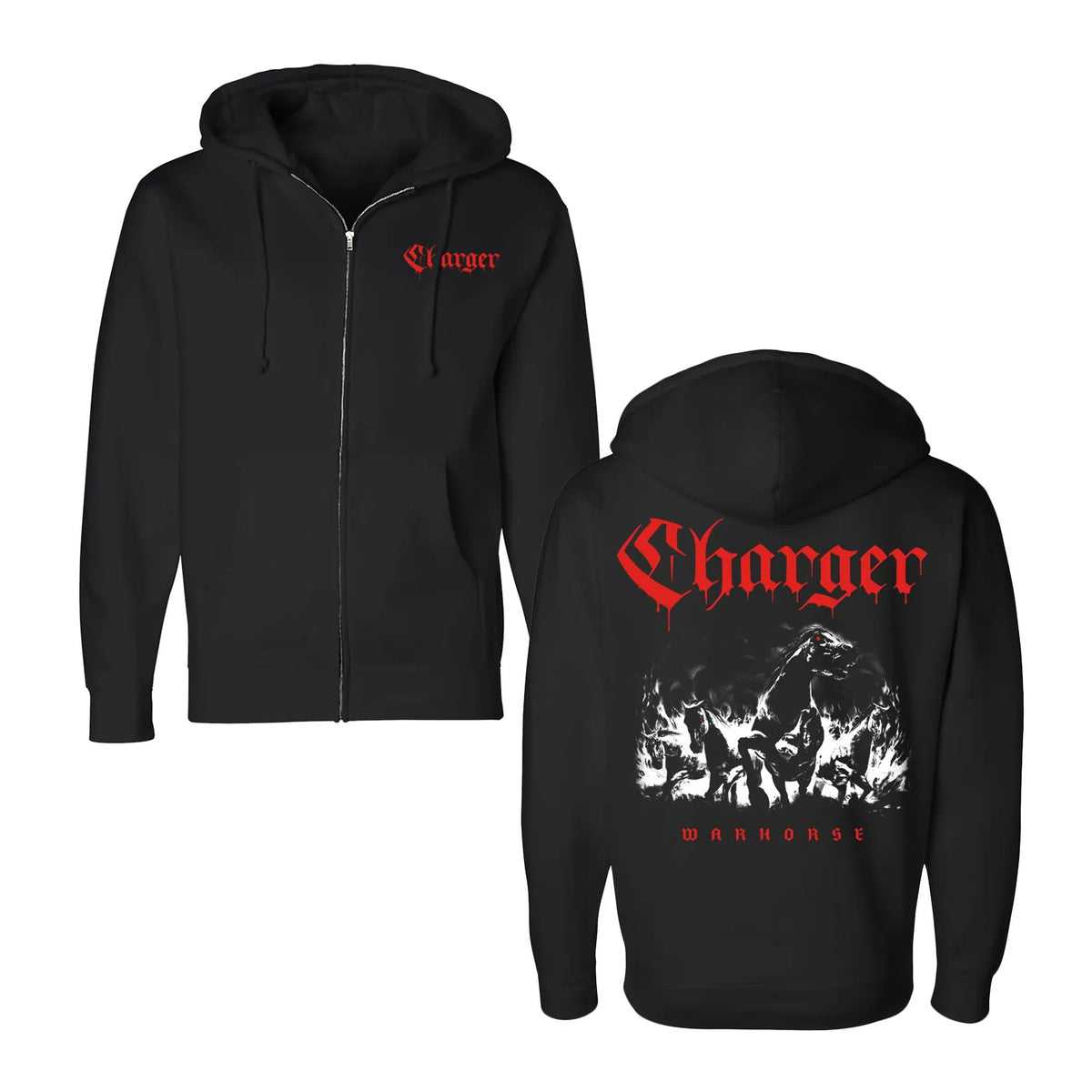 A black zip-up Charger hoodie with “Charger” in red Gothic font on the chest. The back has a bold black-and-white illustration, with Charger above and Warhorse below in striking red—ideal for fans of the Warhorse hoodie style. Brand: Charger.