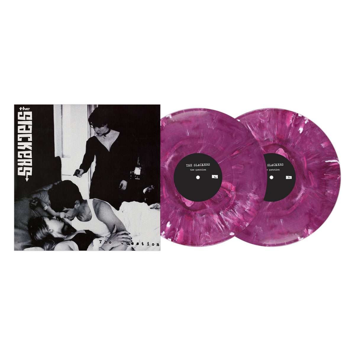 Album cover for The Slackers’ “Redlight” beside two translucent pink and white marbled vinyl records. Features a black-and-white photo of several people in a room, some seated on a bed.