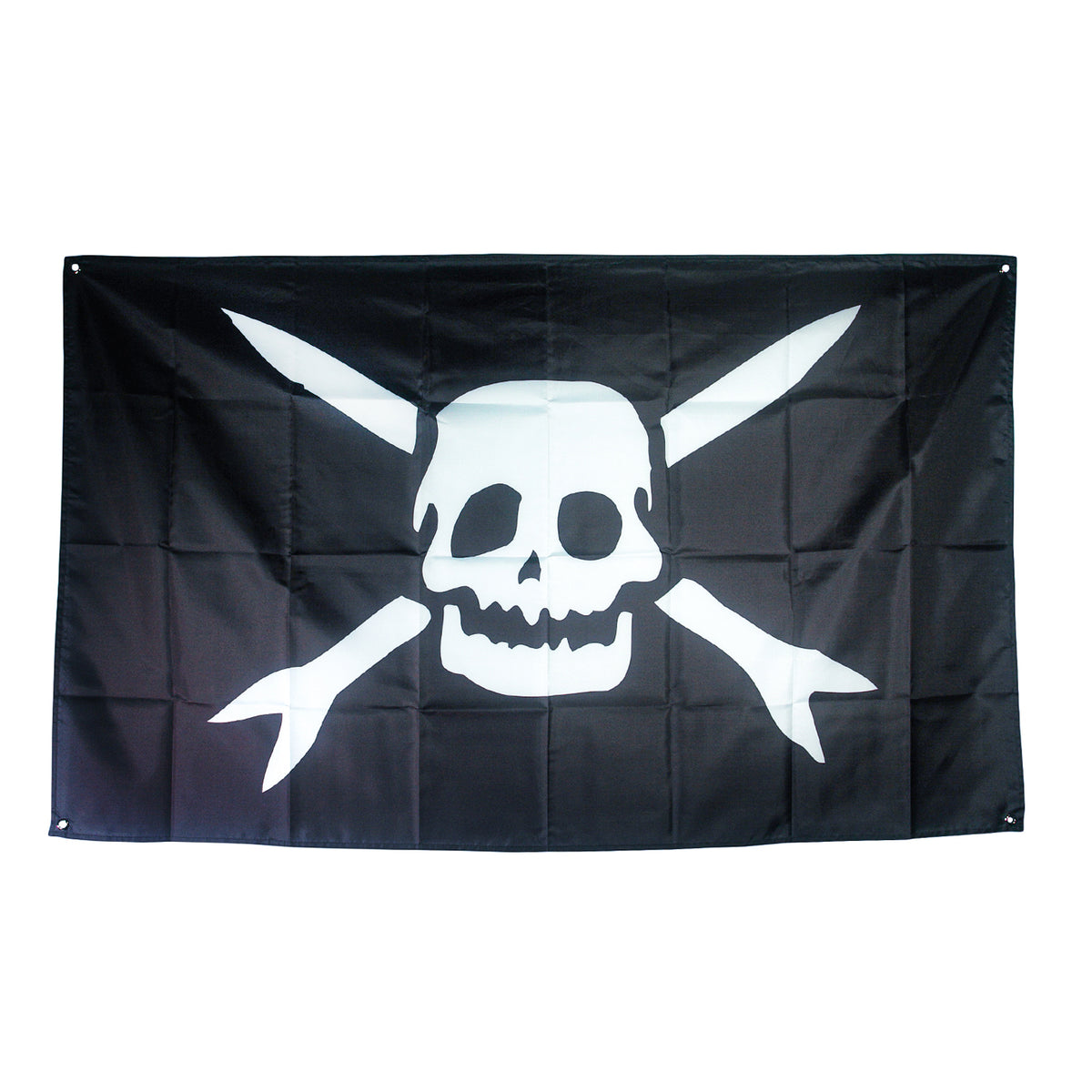 A black banner with a white skull and crossed bones, the classic Jolly Roger, inspires designs such as the Teenage Bottlerocket logo banner.
