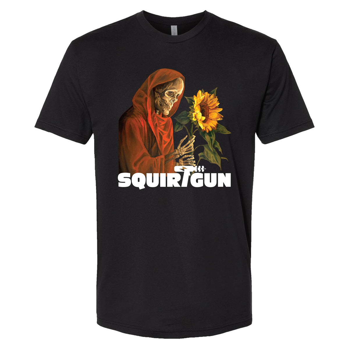 A black Next Level tee by Squirtgun featuring a skeleton in a red hood holding a sunflower, with "SQUIRTGUN" printed in bold white letters below the design.