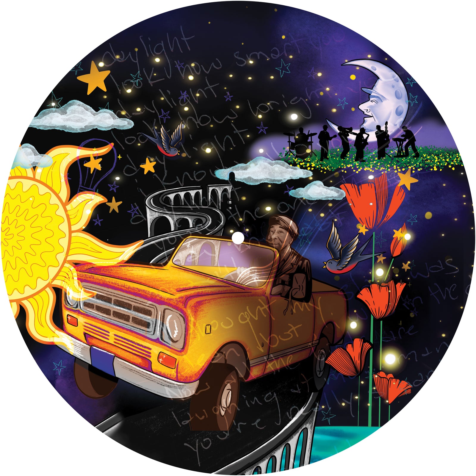 A surreal scene features a person driving a yellow vintage truck on a curved bridge, with lyrics from “My Last Star” by The Slackers handwritten over poppies, birds, and silhouetted figures dancing around a smiling moon.