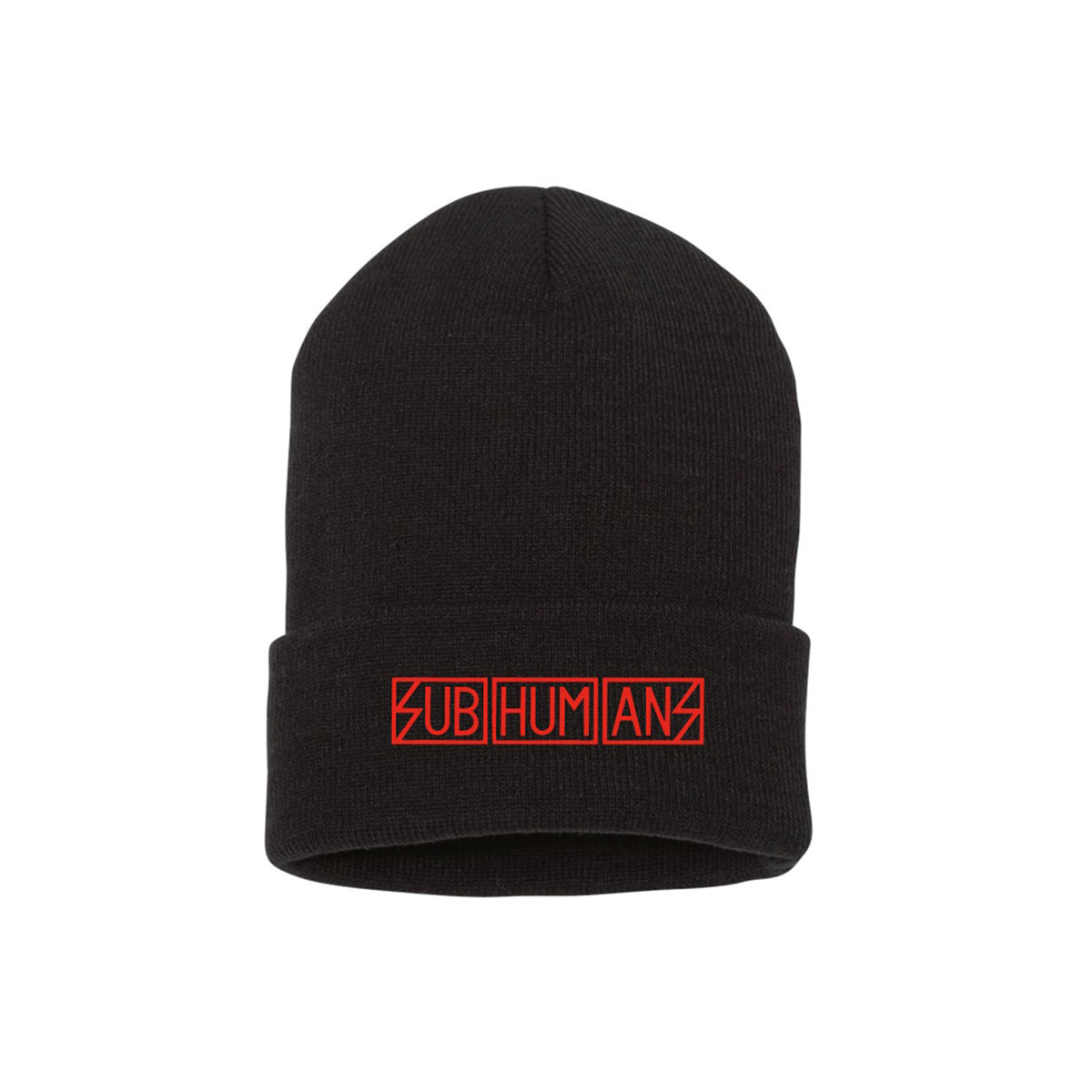 A black cuffed beanie by Subhumans featuring bold red block letters spelling SUBHUMANS on the front cuff—a striking logo beanie perfect for fans of edgy style.