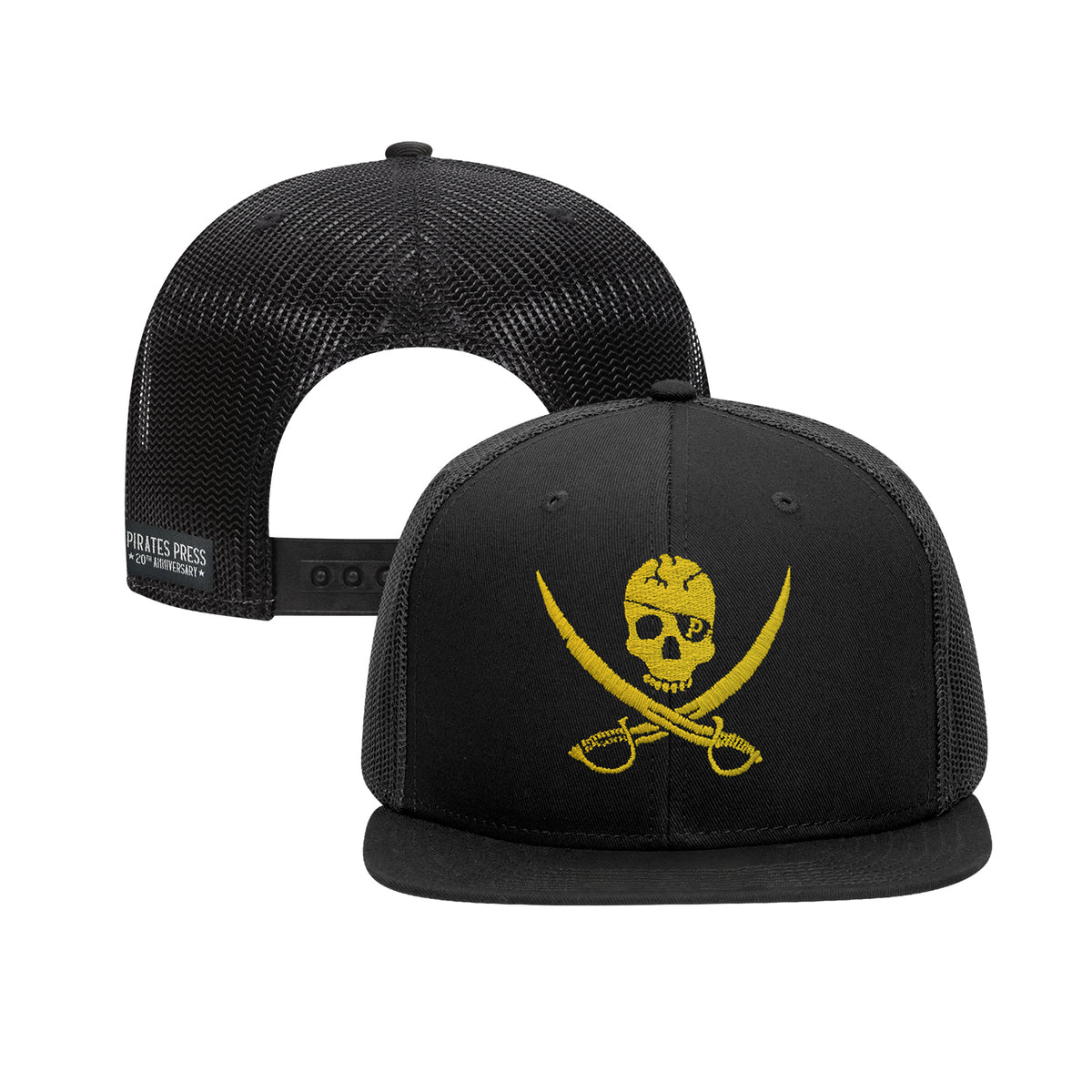 Pirates Press Records snapback hat featuring a yellow skull and crossed swords graphic on the front, mesh back for breathability, adjustable strap, and an embroidered flag logo for style.