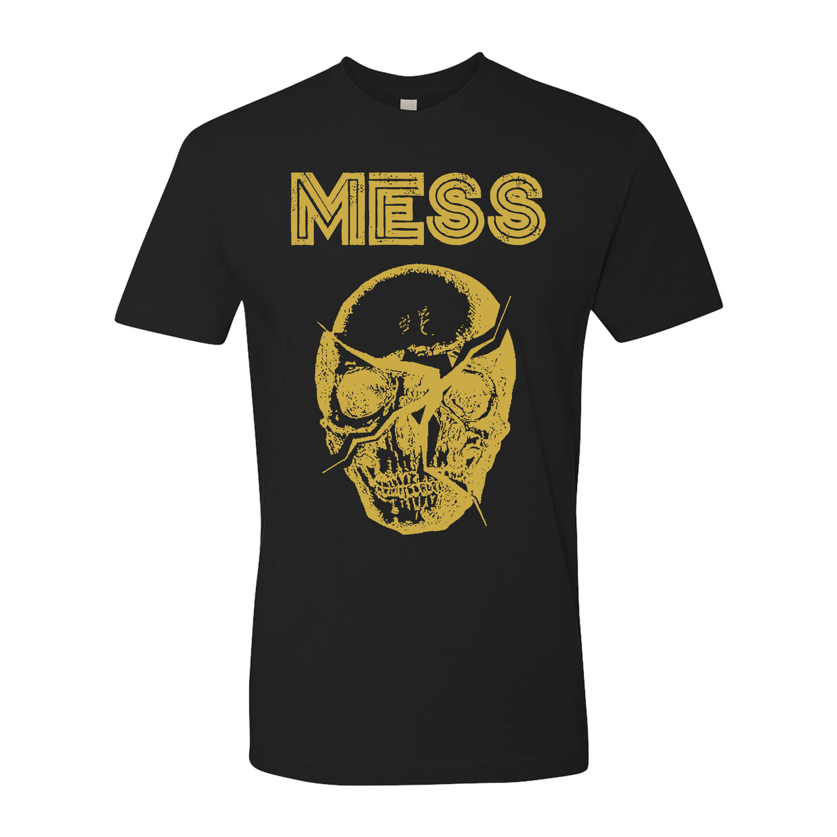 Mess brand black t-shirt featuring bold yellow MESS lettering above distressed yellow cracked skull artwork on the front.