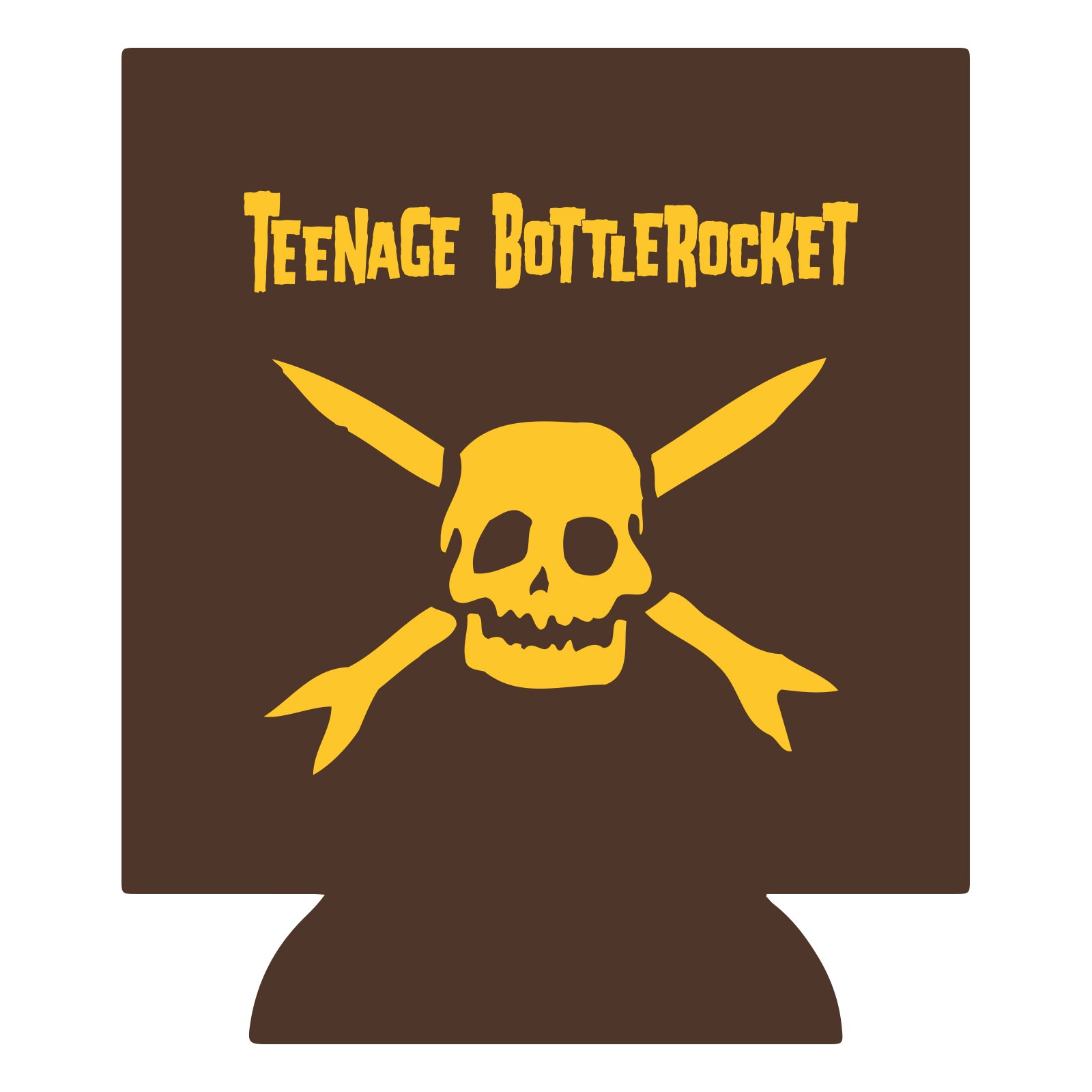 A brown square Koozy from Teenage Bottlerocket features their logo: yellow text above a yellow skull with two crossed broken bottle necks behind it.