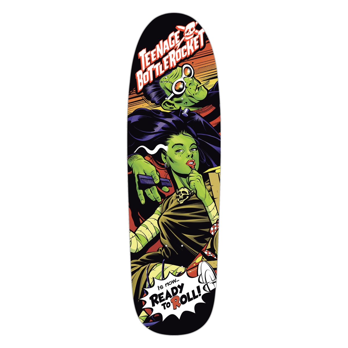 Limited edition Teenage Bottlerocket skateboard deck with cartoon Frankenstein and Bride of Frankenstein on a vibrant, comic-style background. Bold Ready to Roll! text. Made from 100% maple.