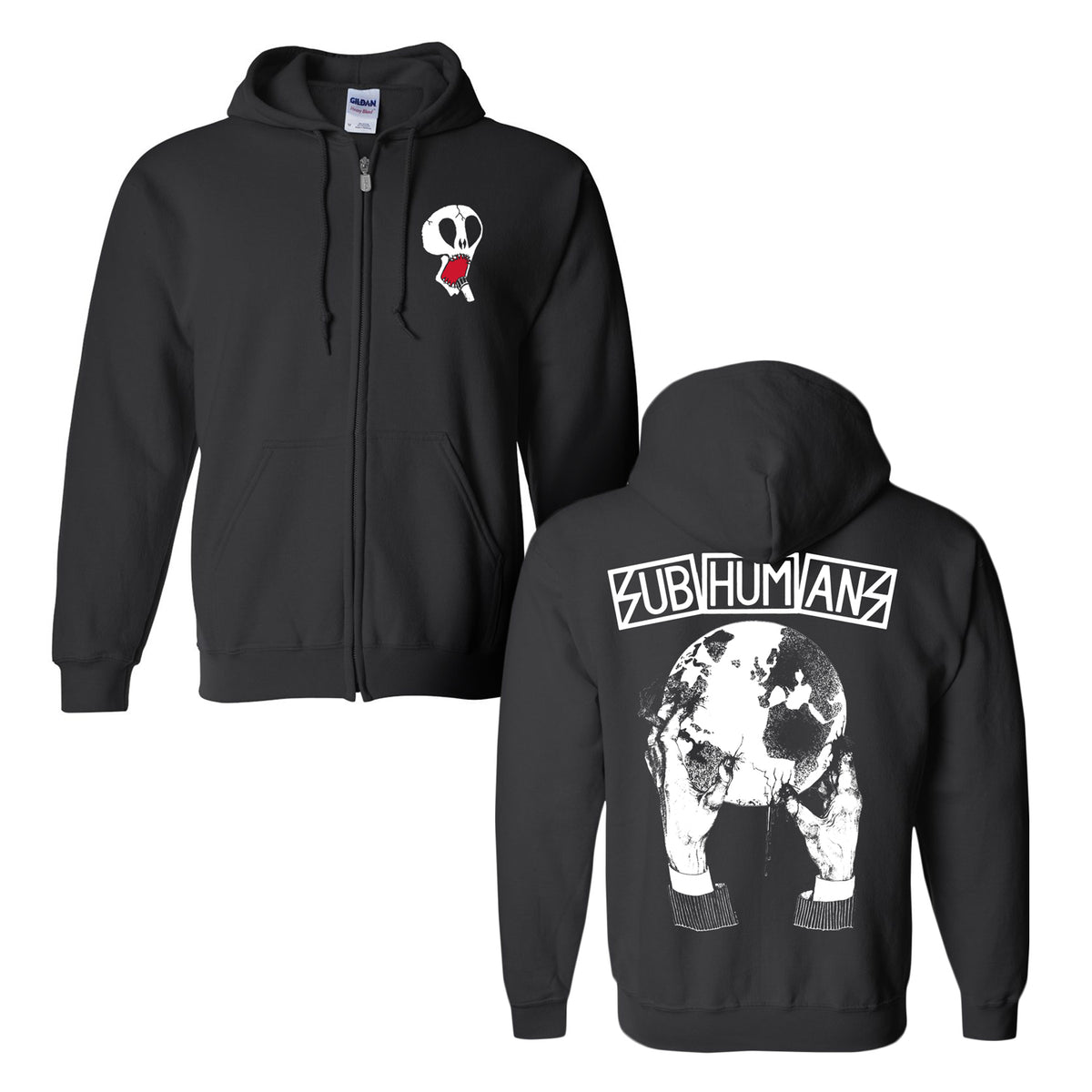 This black Subhumans zip-up hoodie has a small skull-in-a-suit logo on the front left chest and features a bold skeleton holding a globe with SUBHUMANS text on the back.