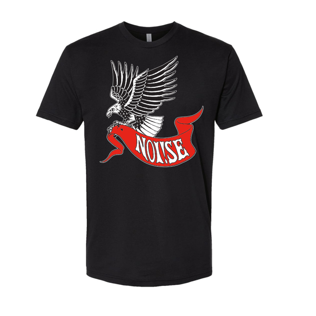 A black NOi!SE T-shirt featuring their On And On Eagle graphic—an eagle with outstretched wings holding a red banner that displays &quot;NOi!SE&quot; in bold white letters.