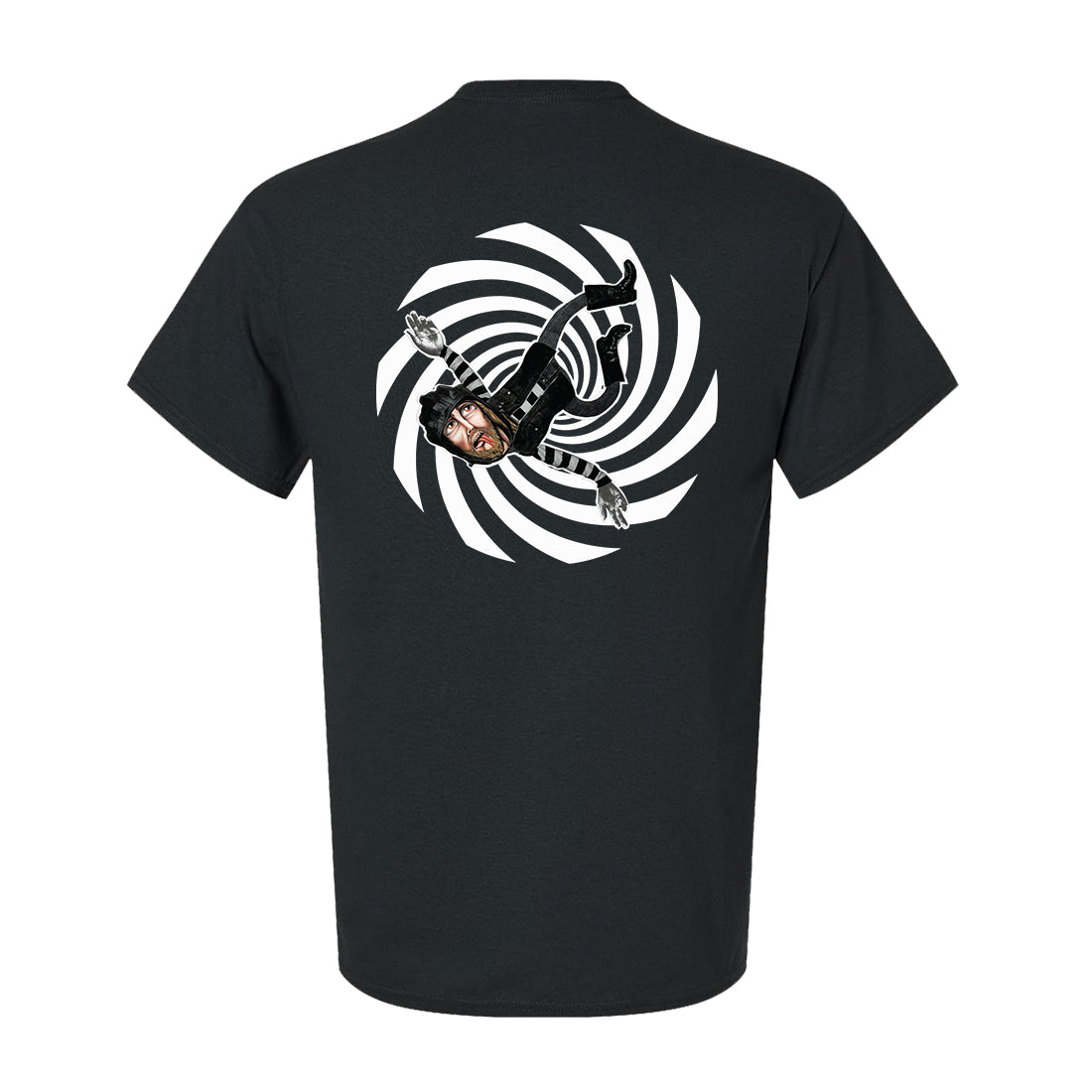 Black t-shirt by Druglords of The Avenues with a back graphic showing a person in stripes falling through a white swirl, creating an eye-catching optical illusion.