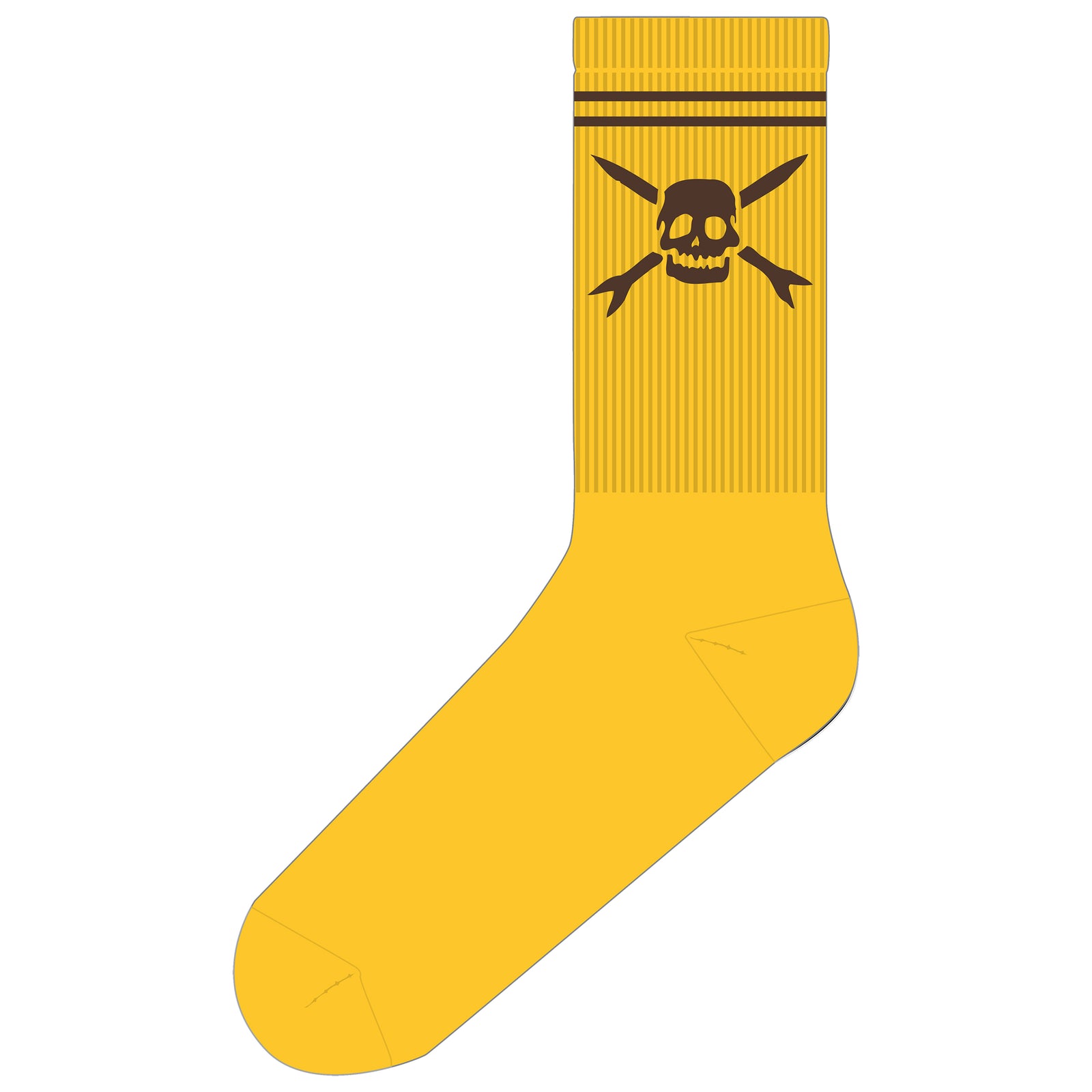 A yellow cotton Teenage Bottlerocket sock with two thin black stripes near the top and a black skull-and-crossed-swords logo below the stripes.