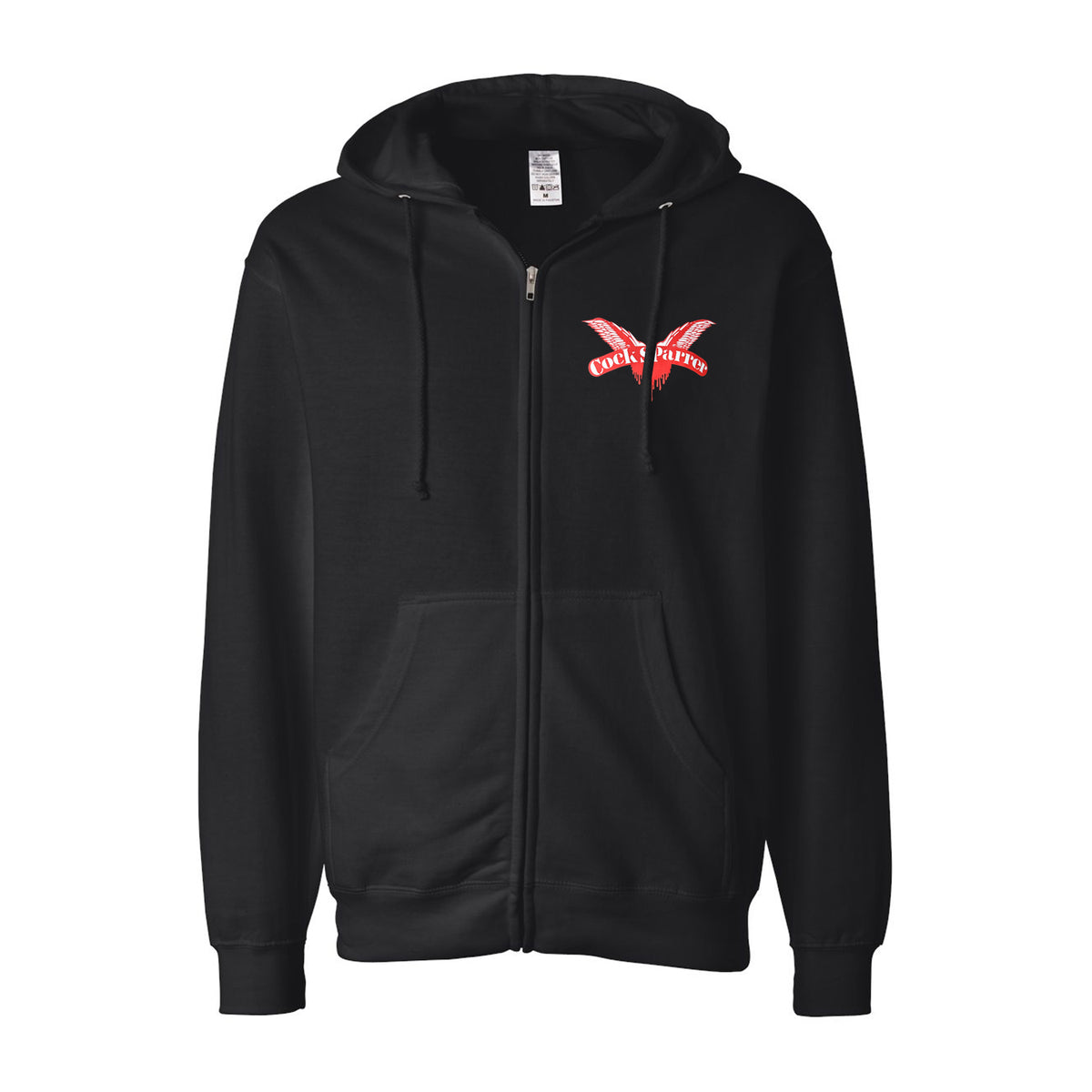 A black Cock Sparrer zip-up hoodie with front pockets and hood. The left chest shows a red and white graphic of two crossed figures and “CRUEL GIRLS,” inspired by the Wings logo. Shown against a white background.