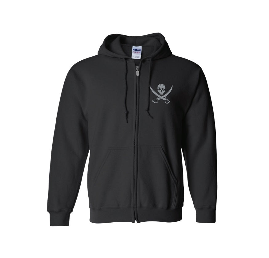 A black zip-up hoodie from Pirates Press Records with a drawstring hood, front pockets, and a small white pirate skull and crossed swords logo on the left chest.